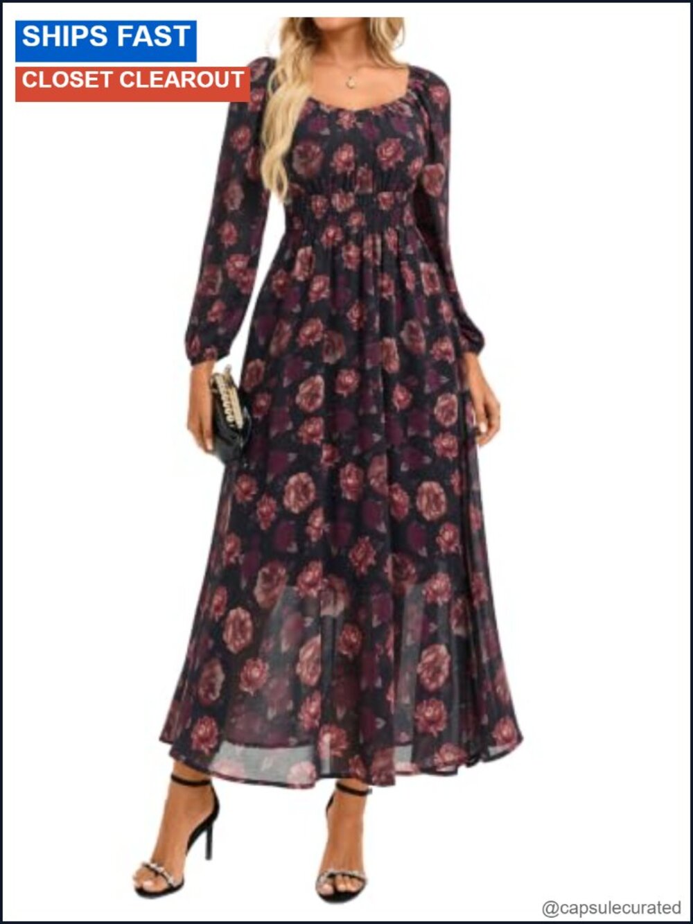 Women Long Sleeve Floral Maxi Dress Chiffon Wedding Guest